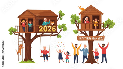 New Year Treehouse Gathering: Families celebrate the upcoming New Year in whimsical treehouses, filled with anticipation and festive cheer.