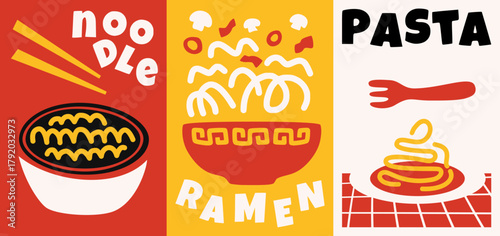 Playful noodle poster trio showcasing ramen and pasta in bold, flat graphic style with retro typography.
