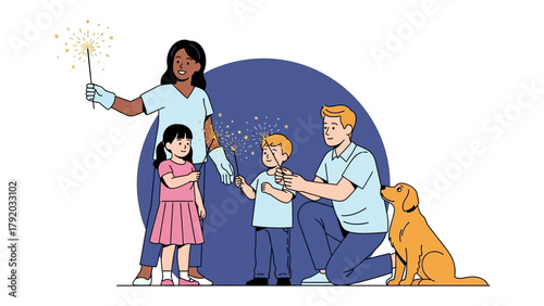 Sparkling Family Moments: A family, joyfully sharing a magical sparkler experience. Their faces gleam with delight, as they create a vibrant moment of shared joy.