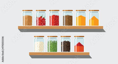 Colorful spice jars on wooden shelves create a culinary art vibe, perfect for a modern, organized kitchen or pantry design project