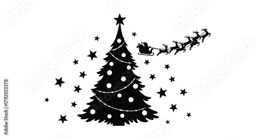 Whimsical black and white illustration of a decorated christmas tree with santa claus flying in a sleigh overhead