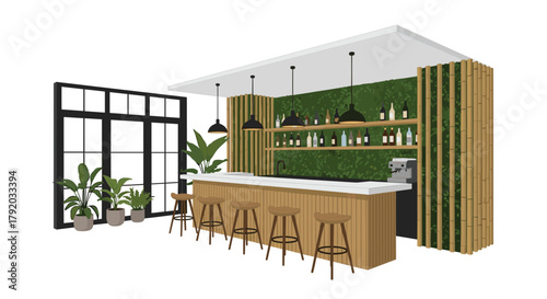 Elegant bar interior design with natural elements and modern lighting invites relaxation and enjoyment of drinks in a stylish, trendy space