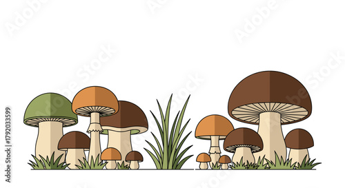 Enchanting mushroom meadow teeming with earthy tones and captivating textures ideal for whimsical designs and autumnal promotions