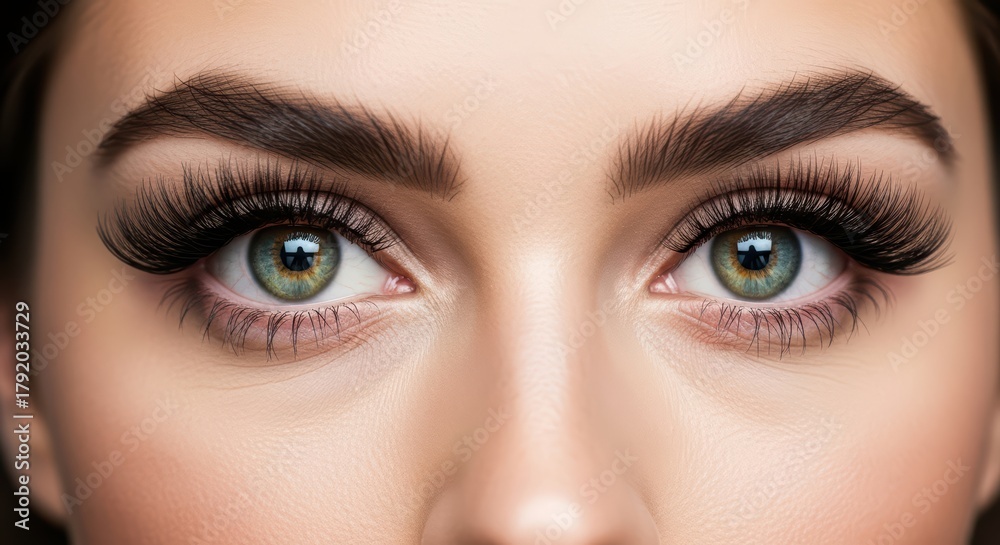Obraz premium Close-up of young caucasian female's eyes with thick eyebrows and long eyelashes