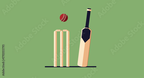 Dynamic cricket bat, stumps, and ball poised for action on a vibrant green field, perfect for sports promotions and exciting game visuals