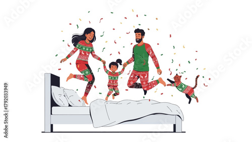 Joyful family moment on bed: A lively family, including parents and a child, and even a cat, jumps and plays cheerfully on a comfortable bed, celebrating the happy day.
