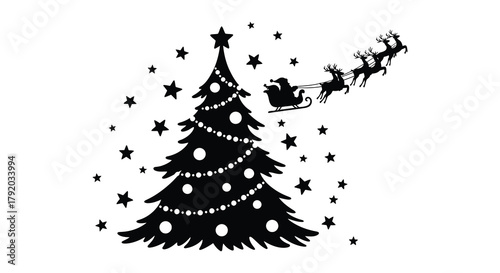 Whimsical silhouette of a decorated christmas tree with santa s sleigh flying through falling stars