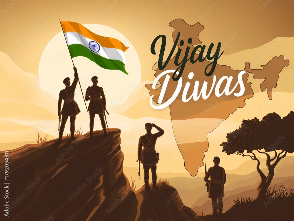 Fototapeta premium Indian soldiers celebrate vijay diwas with flag and map of india silhouette
