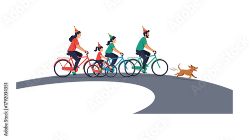 Pedaling into Joy: A family embarks on a shared bike ride, a whimsical adventure enhanced by the presence of a playful canine companion.