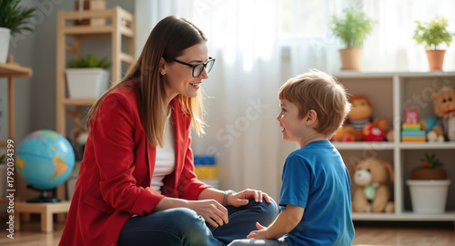 Speech therapist smiles talking to young boy in brightly lit room. Child learns, speaks, listens during therapy session. Educational toys, globe visible in background.