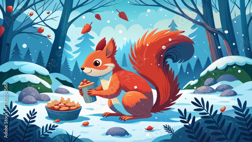 A red squirrel collecting acorns on the forest floor, surrounded by softly falling snow and frosty branches, capturing the charm of winter wildlife in natural light