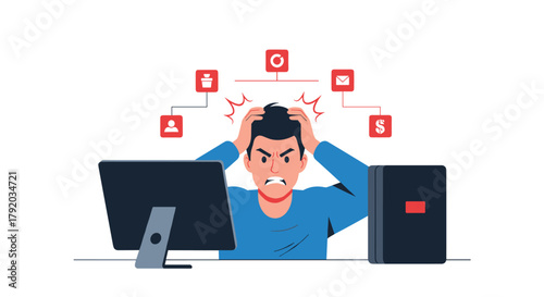 Frustrated businessman overwhelmed with work and deadlines, clutching head in despair at desk with icons symbolizing stress