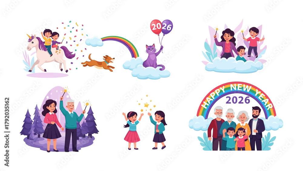 Fototapeta premium Celebrating Milestones in 2026: An enchanting array of illustrations encapsulates a vibrant New Year's scene with families rejoicing amid joyful elements. 