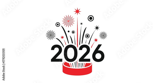 Happy new year 2026 celebration with abstract fireworks exploding from a red base