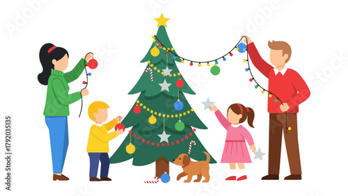 Christmas Tree Decoration: A family comes together to decorate Christmas tree, creating an enchanting scene full of warmth and festive cheer.