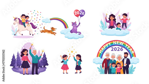 Celebrating Milestones in 2026: An enchanting array of illustrations encapsulates a vibrant New Year's scene with families rejoicing amid joyful elements. 