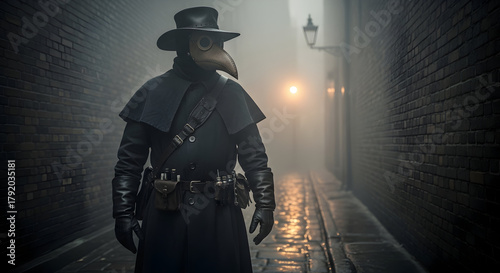 A plague doctor in a dark alleyway with a long black coat and hat standing in the fog and light