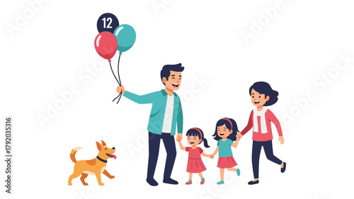 Joyful Family Stroll: A happy family, comprising of parents and their children, joyfully stroll together, holding colorful balloons, accompanied by a playful pet dog, celebrating togetherness.
