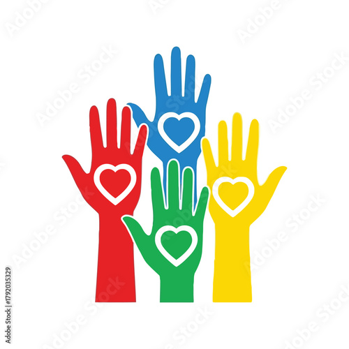 Diverse hands up raised with hearts symbolizing unity, support and community volunteering isolated on white background, Vector