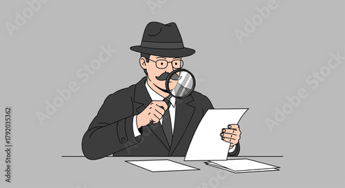Intrigued detective meticulously examines crucial documents with a magnifying glass, uncovering hidden secrets and vital clues