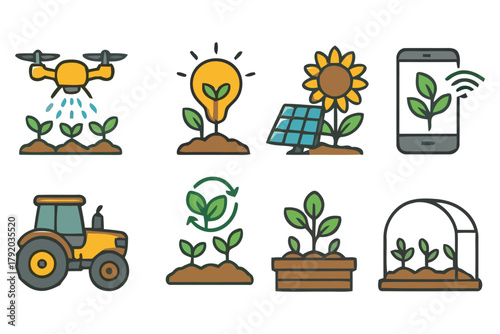A collection of flat design icons representing modern agricultural technology, including drones, smart farming, solar energy, tractors, and greenhouses, illustrating innovation in crop cultivation