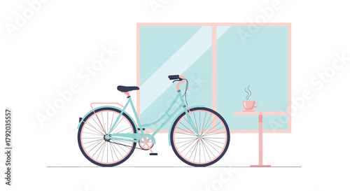 Serene pastel bicycle parked beside a cafe window with a steaming cup of coffee inviting a moment of peaceful reflection