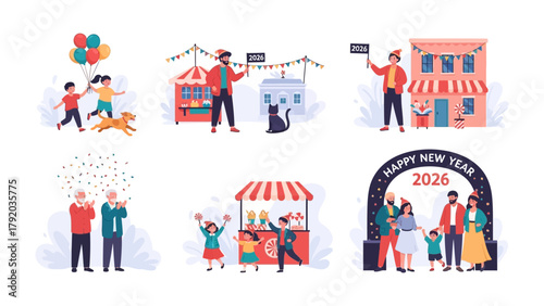 New Year Celebration Set: Festive scenes depicting new year celebration activities, families, and decorations to spread joy, and capture festive moments.