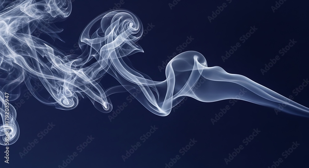 Fototapeta premium Ethereal wisps of white smoke elegantly swirl and dance against a deep navy blue background, creating a mesmerizing abstract visual.