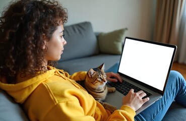 Young woman with curly hair wears yellow hoodie, uses laptop on sofa. Tabby cat rests on her lap. Blank screen visible for mockups, online learning, or leisure.