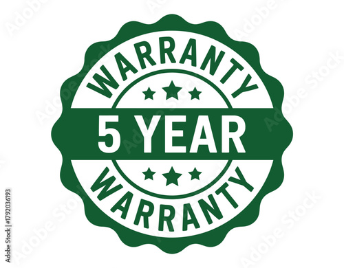A green circular stamp clearly states '5 YEAR WARRANTY' with surrounding text indicating warranty.
