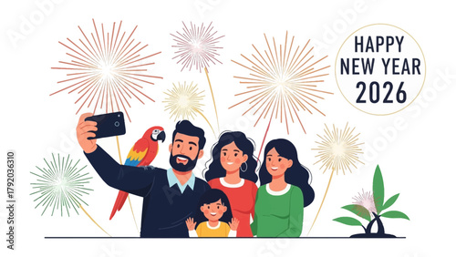 New Year's Selfie with Fireworks: A happy family capturing a moment of joy and excitement with a selfie, surrounded by beautiful fireworks.