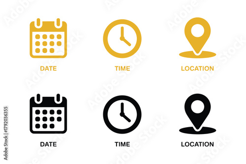 A grid displaying pairs of golden and black icons representing date, time, and location, suggesting planning and organization.