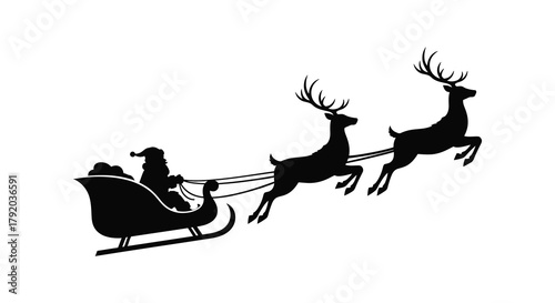 Silhouette of santa claus riding in a sleigh pulled by reindeer flying through the night sky
