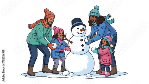 Building a snowman family: A warm winter scene where a family is busy building a snowman together. Filled with joy and happiness, this moment reflects the best of winter's activities and family unity.