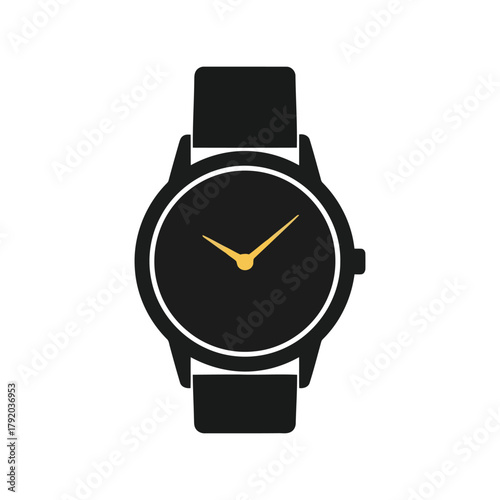 Minimalist black wrist watch icon with golden hands on white background isolated on white background, Vector