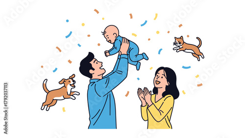 Joyful Family Moment: A happy family revels in a moment of pure bliss, tossing a baby high in the air while pets playfully frolic around, encapsulating the warmth and love of a vibrant family life.