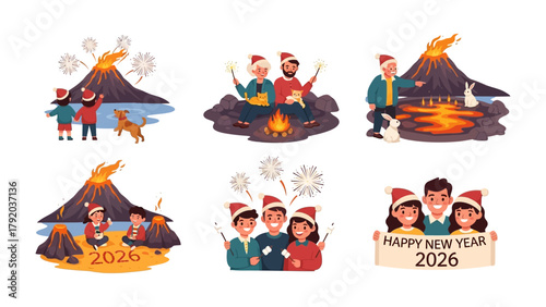 New Year Celebration Illustration: A collection of festive illustrations, with group of people, celebrating the arrival of the New Year, setting off fireworks near a volcano and campfire.