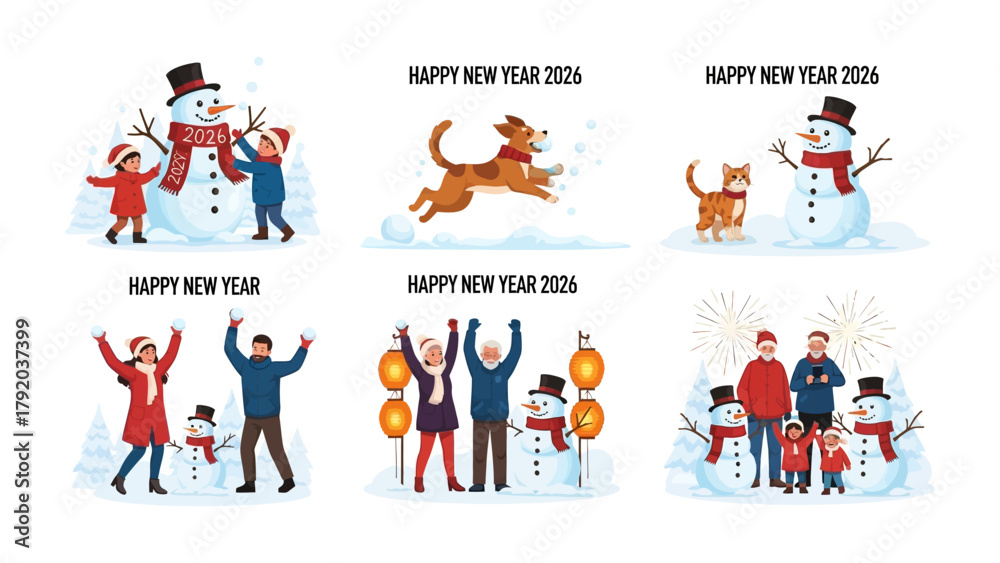 Fototapeta premium New Year Cheer and Celebration: A montage of festive scenes showcases the spirit of New Year's, with joyful illustrations of snowmen, children, dogs, cats.
