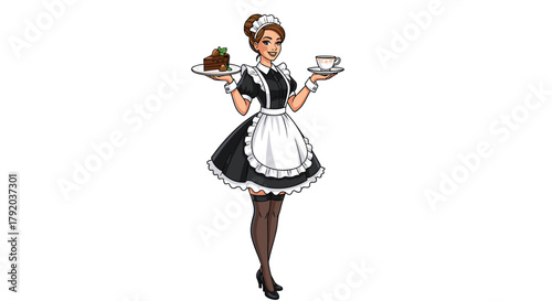 Charming maid serving delicious chocolate cake and hot coffee with a welcoming smile