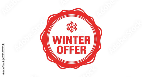 Festive red oval stamp with snowflakes and winter offer text for seasonal sales and promotions
