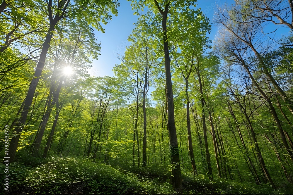 Obraz premium Green mountain forest under bright summer sun, fresh leaves, clean blue sky, high clarity, vibrant natural color palette.