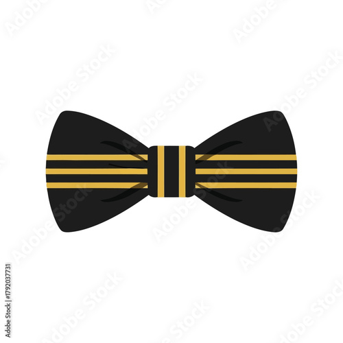 Elegant black bow tie with gold stripes vector graphic isolated on white background, Vector