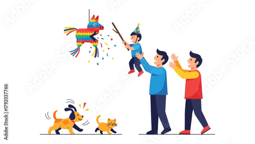 Party Time Fun: A lively scene unfolds as a child, held high, takes a swing at a colorful piñata during a birthday party, creating a burst of joy. Two happy pets join in the playful moment.
