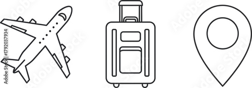 A simple line art illustration featuring an airplane, a suitcase, and a location pin, symbolizing travel and destination.