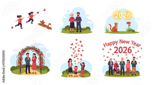 New Year 2026 Celebration Scene: A vibrant collection of illustrations depicting heartwarming moments celebrating the spirit of the upcoming year, highlighting themes of togetherness, hope.