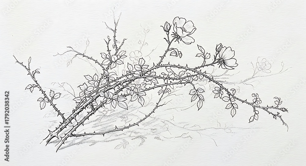 Obraz premium Delicate black and white line art sketch of blooming rose branches with intricate thorns and soft floral details on a textured white background.