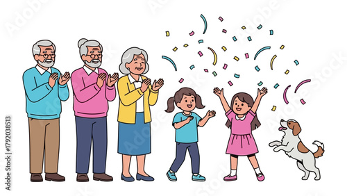Family Celebration with Confetti: A heartwarming scene depicts a multi-generational family, including grandparents and children, celebrating with joyful applause and a flurry of colorful confetti.