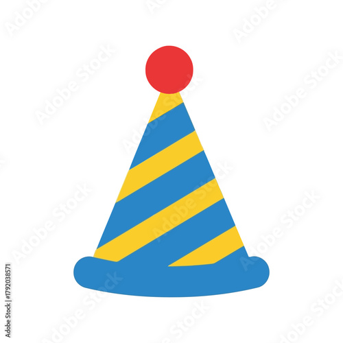 Blue and yellow striped party hat with red pom pom icon isolated on white background, Vector