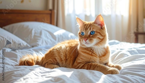 Wallpaper Mural A relaxed orange feline with striking blue eyes rests on a bed, bathed in warm sunlight, soft linens Torontodigital.ca