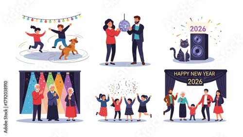 New Year Celebrations: A festive ensemble of lively New Year's illustrations, showcasing families and individuals reveling in the celebratory spirit of the upcoming year.